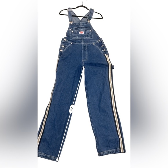 Vintage 90’s Y2K Revolt overalls wide leg side stripe mid blue wash medium - Picture 6 of 8
